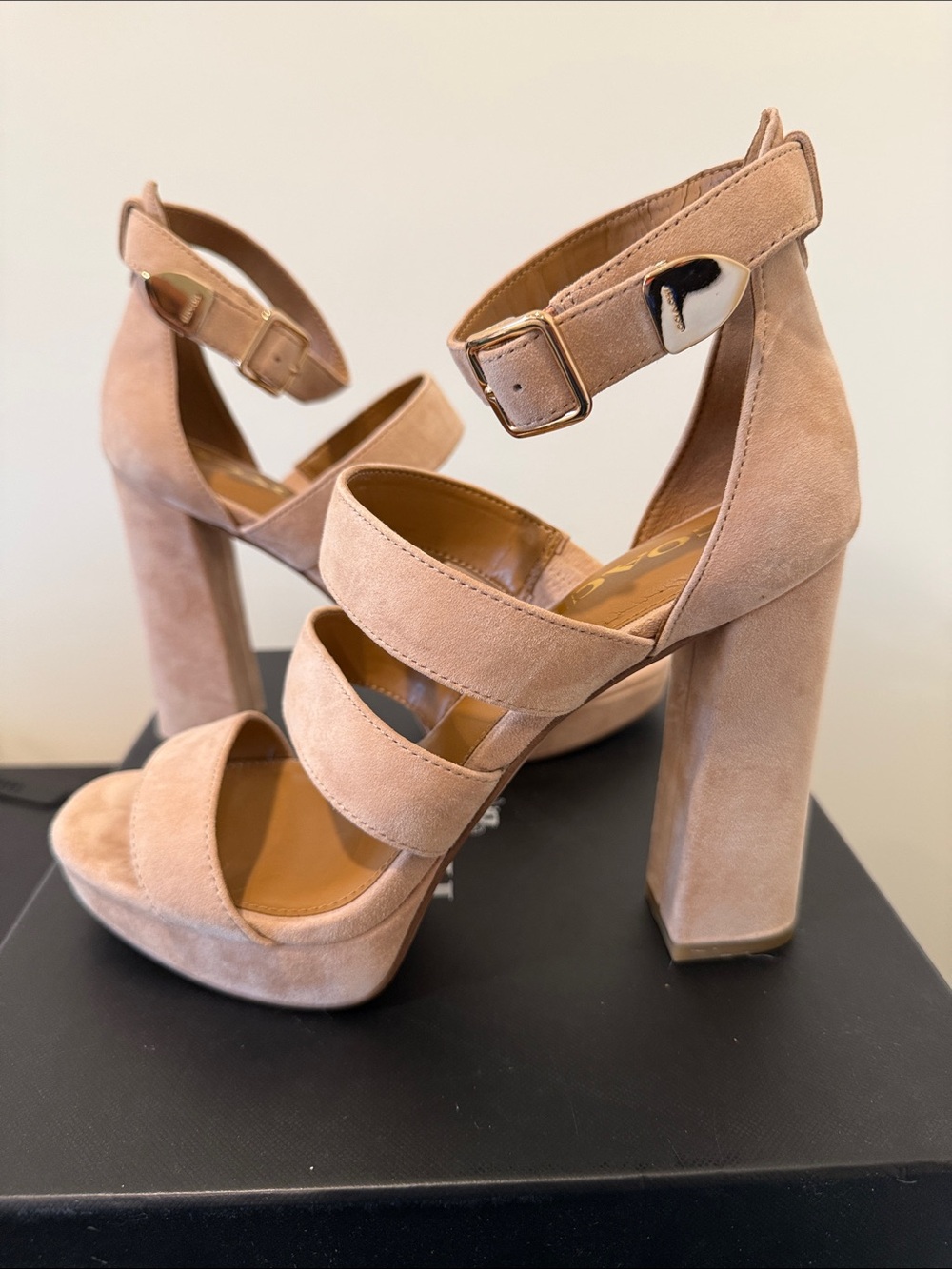 COACH Marina. Suede Beechwood Strappy Platform Sandals - 7.5M